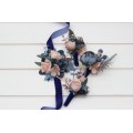 Wedding boutonnieres and wrist corsage in navy blue dusty rose color scheme. Flower accessories. 5245