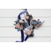 Wedding boutonnieres and wrist corsage in navy blue dusty rose color scheme. Flower accessories. 5245