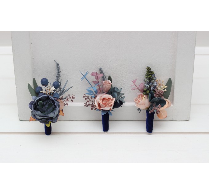 Wedding boutonnieres and wrist corsage in navy blue dusty rose color scheme. Flower accessories. 5245