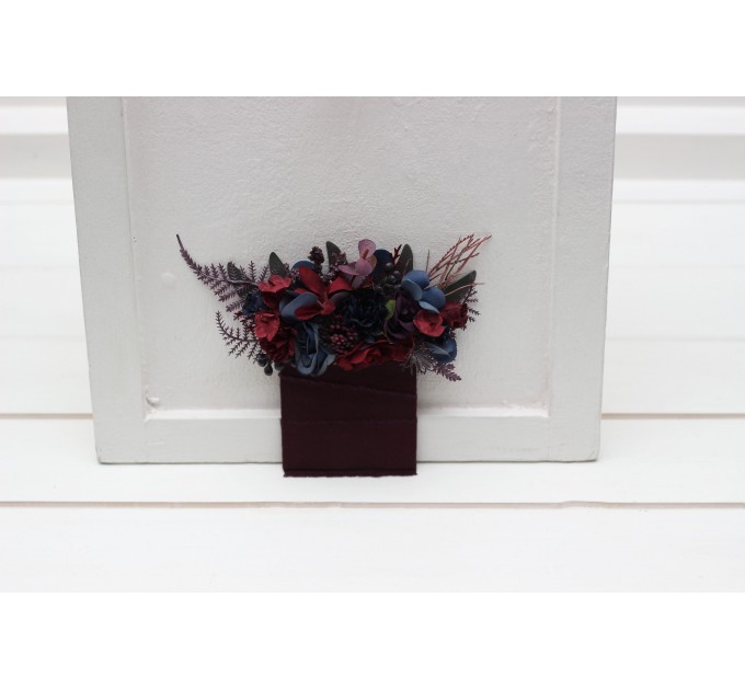 Pocket boutonniere in burgundy purple navy blue color scheme. Flower accessories. Pocket flowers. Square flowers. 5338