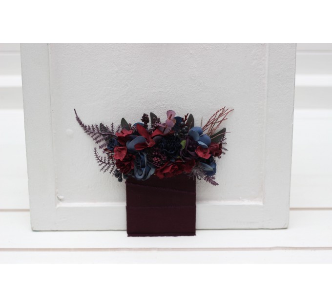Pocket boutonniere in burgundy purple navy blue color scheme. Flower accessories. Pocket flowers. Square flowers. 5338