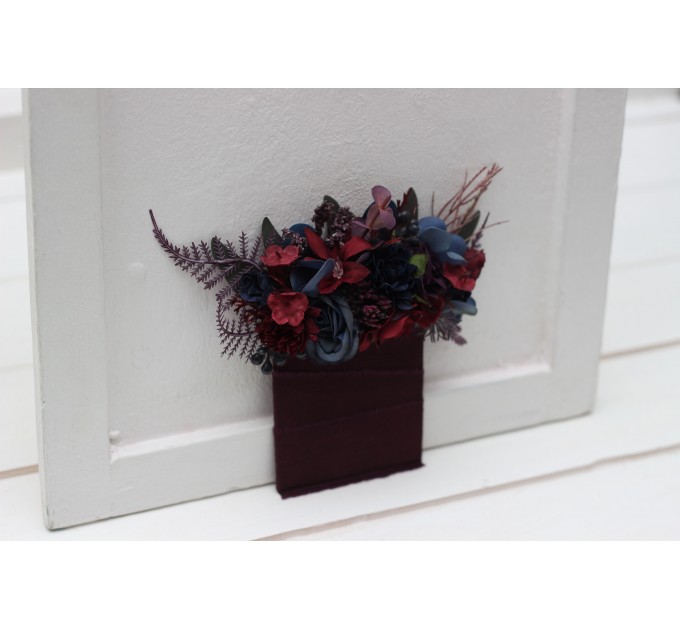 Pocket boutonniere in burgundy purple navy blue color scheme. Flower accessories. Pocket flowers. Square flowers. 5338