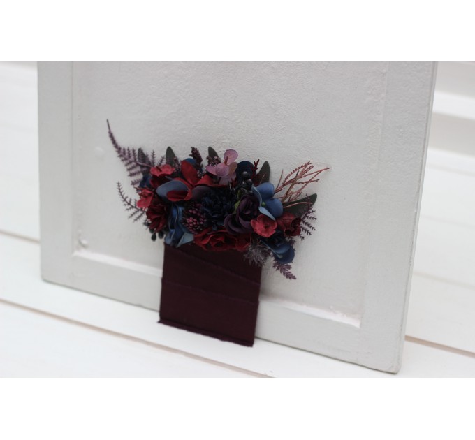 Pocket boutonniere in burgundy purple navy blue color scheme. Flower accessories. Pocket flowers. Square flowers. 5338