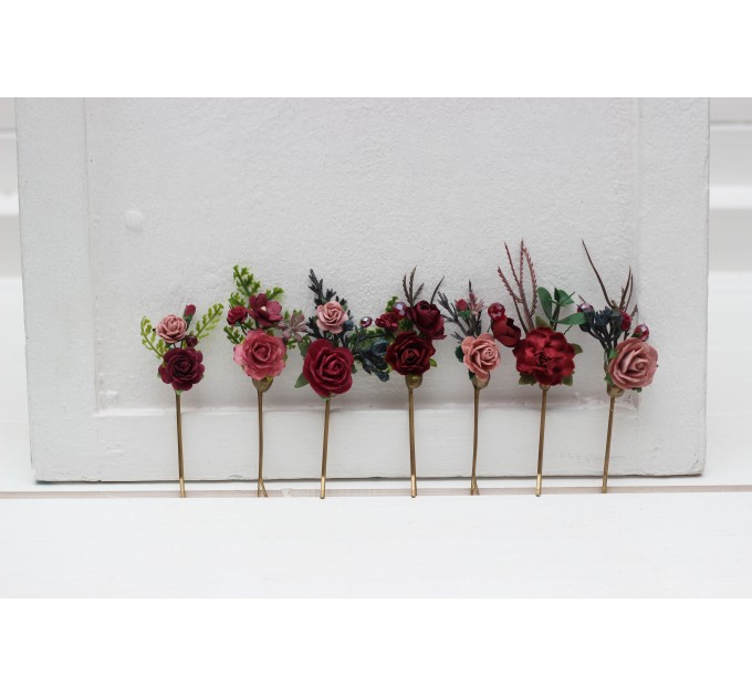 Set of 7 bobby pins in burgundy dusty rose color scheme. Flower hair pins. Hair accessories. Flower accessories for wedding. Bridesmaid gift. 5341