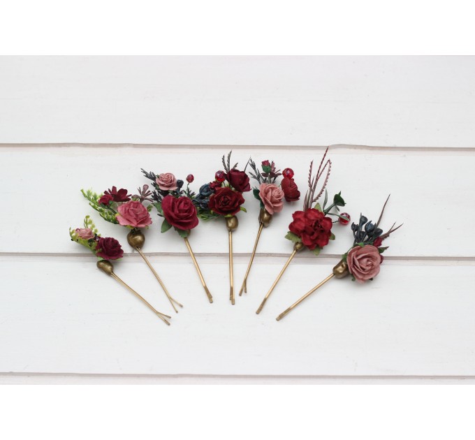 Set of 7 bobby pins in burgundy dusty rose color scheme. Flower hair pins. Hair accessories. Flower accessories for wedding. Bridesmaid gift. 5341