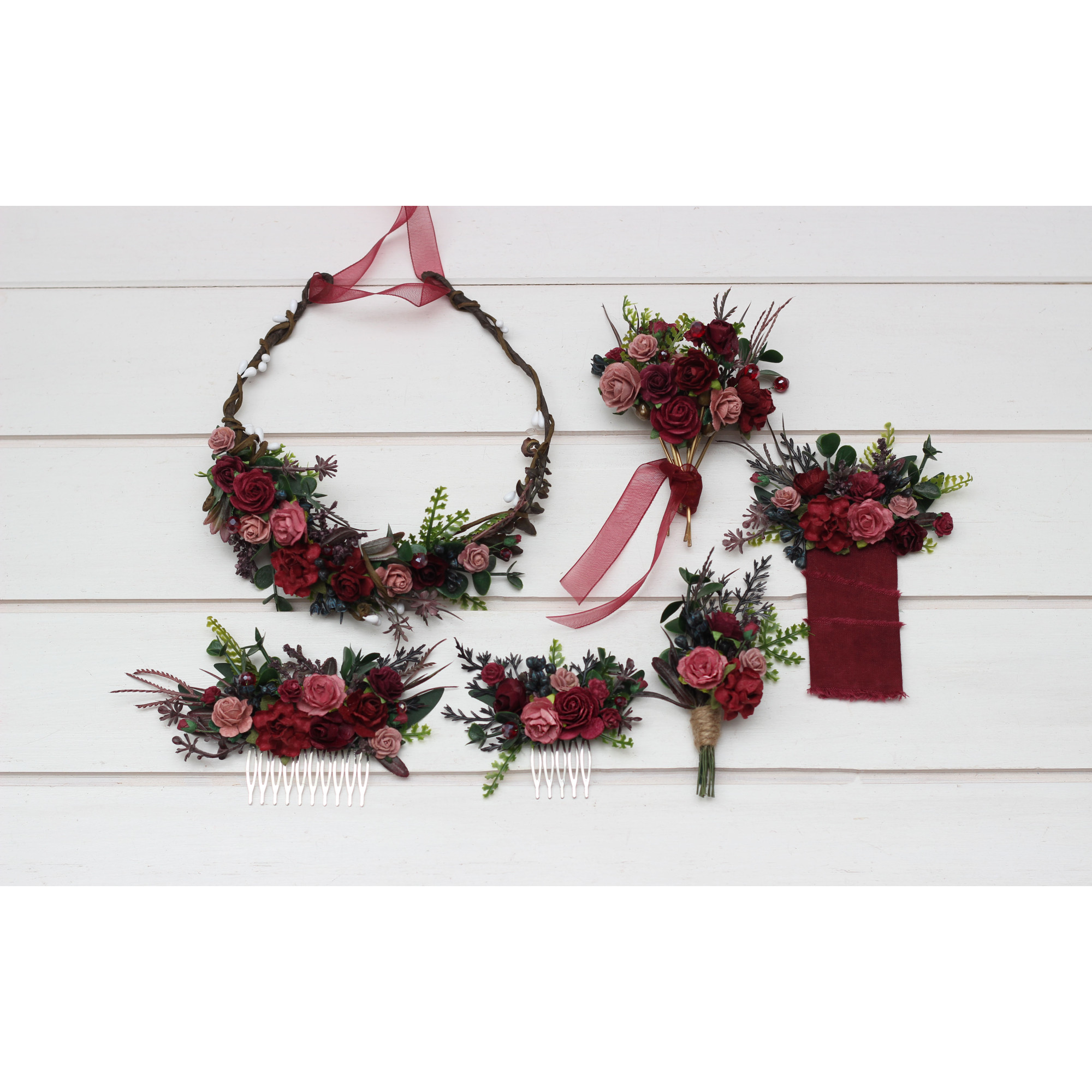 Floral Hair Pins Set - Burgundy, Dusty Rose, Pink, White Cottage Garden main image 3
