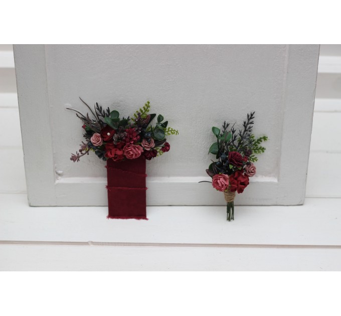 Wedding boutonnieres in burgundy dusty rose color scheme. Flower accessories. Pocket boutonniere. Square flowers. 5341