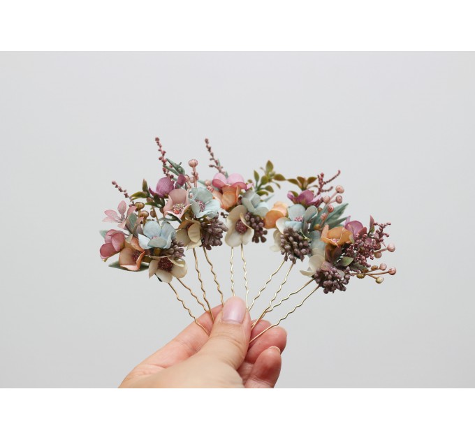 Set of 5 hair pins in dusty rose purple pink color scheme. Hair accessories. Flower accessories for wedding. 0004 EU UK