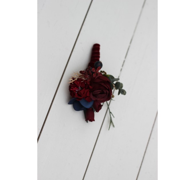 Wedding boutonniere in burgundy navy blue color scheme. Flower accessories. 0020 EU UK