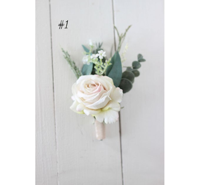 Wedding boutonnieres and wrist corsage in beige white blush pink color theme. Flower accessories. 0028 EU UK