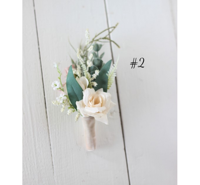 Wedding boutonnieres and wrist corsage in beige white blush pink color theme. Flower accessories. 0028 EU UK