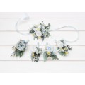 Wedding boutonnieres and wrist corsage in white sky blue color scheme. Flower accessories. 5253