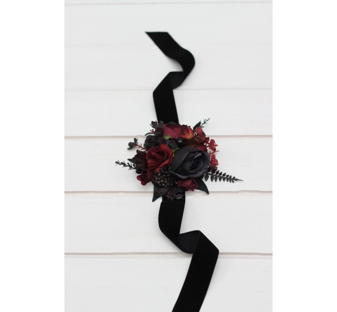 Wedding boutonnieres and wrist corsage in black and burgundy color scheme. Flower accessories. Pocket boutonniere. 5325