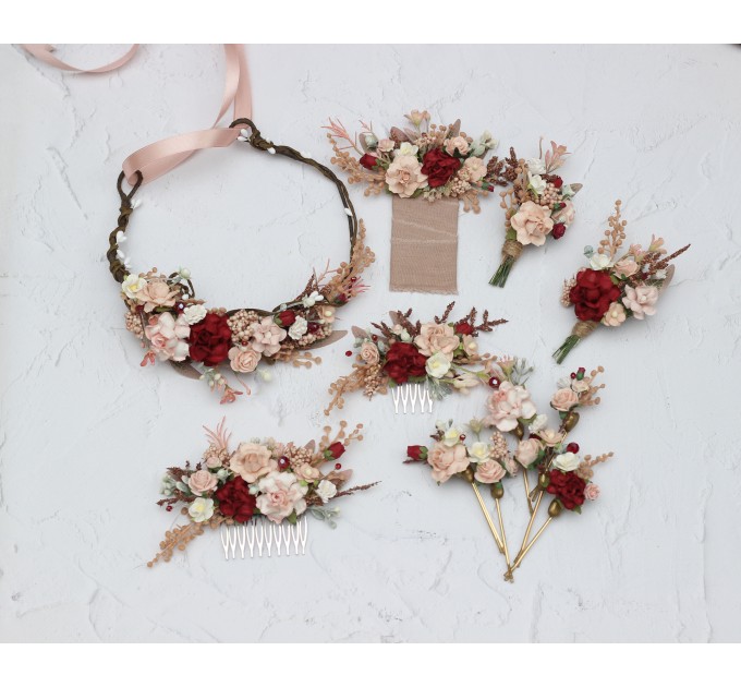Flower comb in burgundy blush pink color scheme. Wedding accessories for hair. Bridal flower comb. Bridesmaid floral comb. Rustic wedding. 5342