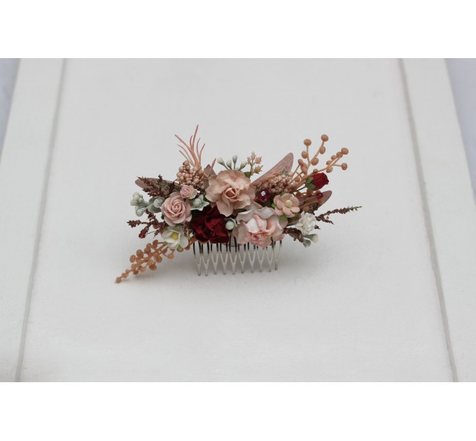 Flower comb in burgundy blush pink color scheme. Wedding accessories for hair. Bridal flower comb. Bridesmaid floral comb. Rustic wedding. 5342