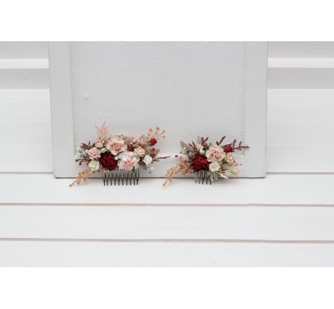 Flower comb in burgundy blush pink color scheme. Wedding accessories for hair. Bridal flower comb. Bridesmaid floral comb. Rustic wedding. 5342