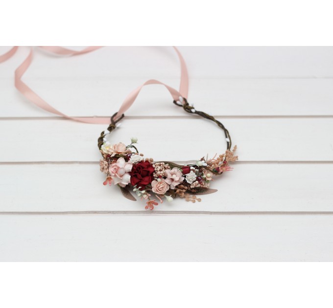 Burgundy blush pink flower crown. Hair wreath. Flower girl crown. Wedding flowers.5342