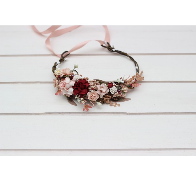 Burgundy blush pink flower crown. Hair wreath. Flower girl crown. Wedding flowers.5342