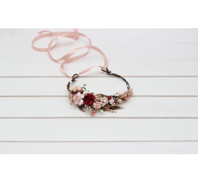 Burgundy blush pink flower crown. Hair wreath. Flower girl crown. Wedding flowers.5342