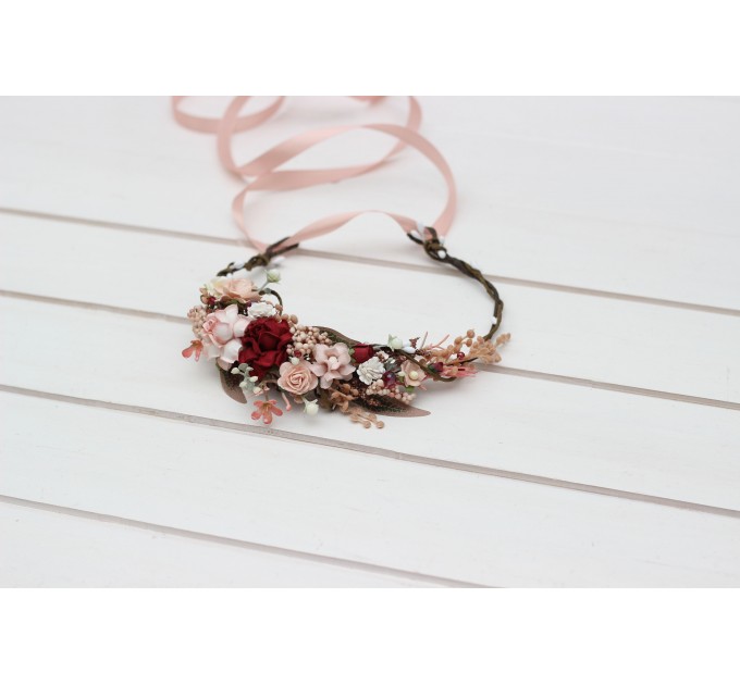 Burgundy blush pink flower crown. Hair wreath. Flower girl crown. Wedding flowers.5342