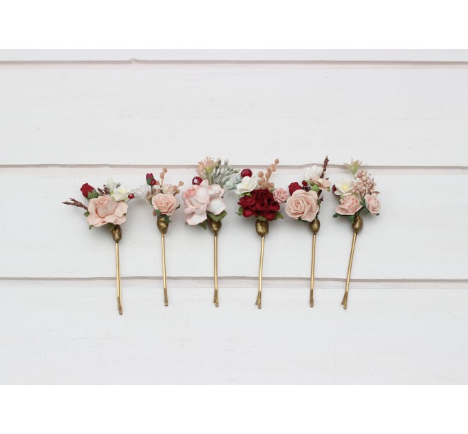 Set of 6 hair pins in burgundy blush pink color scheme. Flower hair pins. Hair accessories. Flower accessories for wedding. Bridesmaid gift. 5342