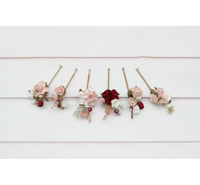 Set of 6 hair pins in burgundy blush pink color scheme. Flower hair pins. Hair accessories. Flower accessories for wedding. Bridesmaid gift. 5342
