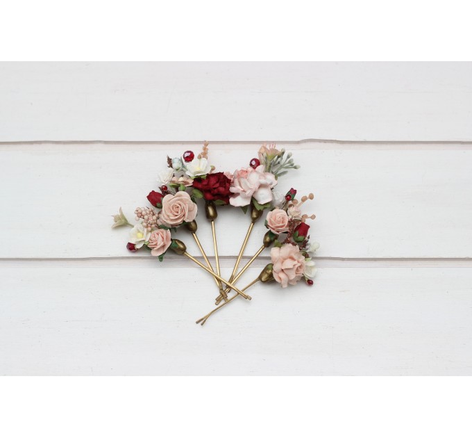 Set of 6 hair pins in burgundy blush pink color scheme. Flower hair pins. Hair accessories. Flower accessories for wedding. Bridesmaid gift. 5342