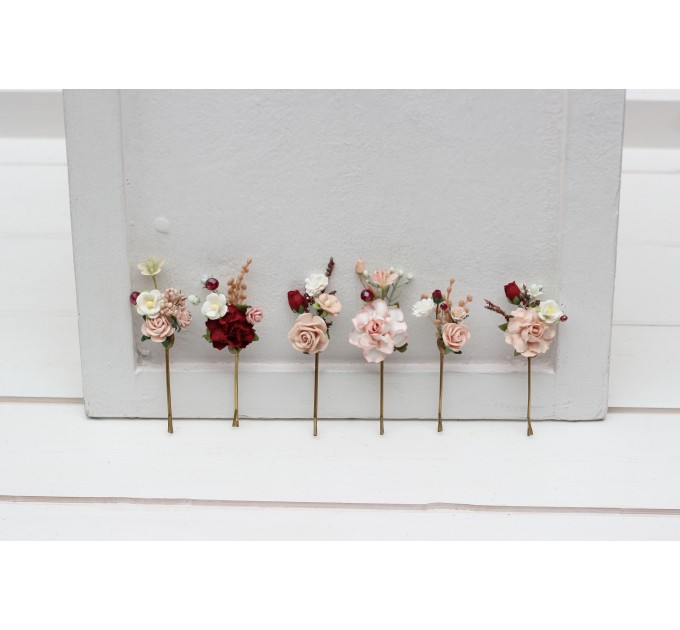 Set of 6 hair pins in burgundy blush pink color scheme. Flower hair pins. Hair accessories. Flower accessories for wedding. Bridesmaid gift. 5342