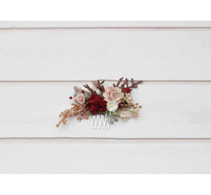 Flower comb in burgundy blush pink color scheme. Wedding accessories for hair. Bridal flower comb. Bridesmaid floral comb. Rustic wedding. 5342