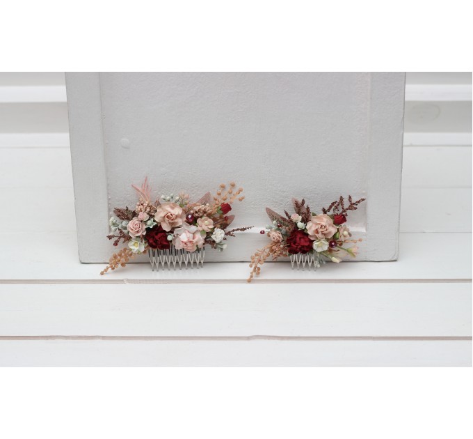 Flower comb in burgundy blush pink color scheme. Wedding accessories for hair. Bridal flower comb. Bridesmaid floral comb. Rustic wedding. 5342