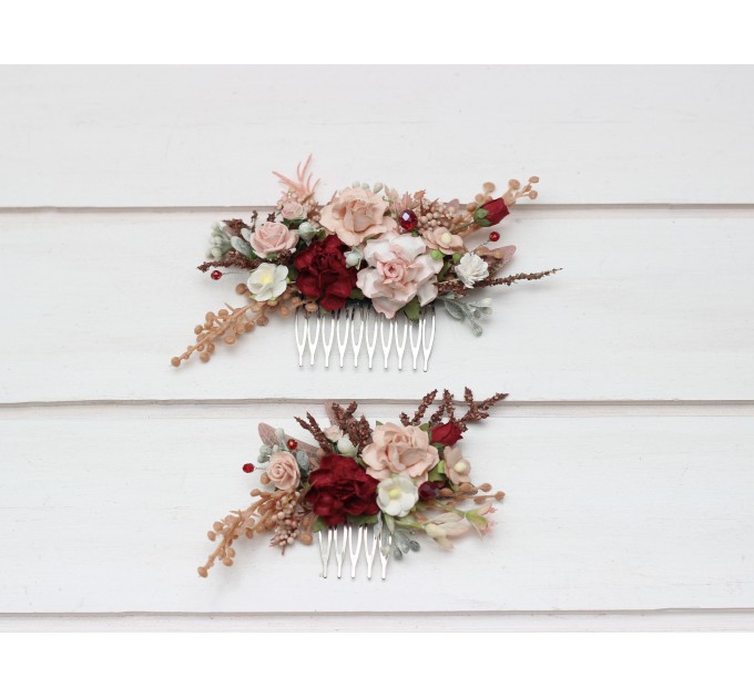Flower comb in burgundy blush pink color scheme. Wedding accessories for hair. Bridal flower comb. Bridesmaid floral comb. Rustic wedding. 5342