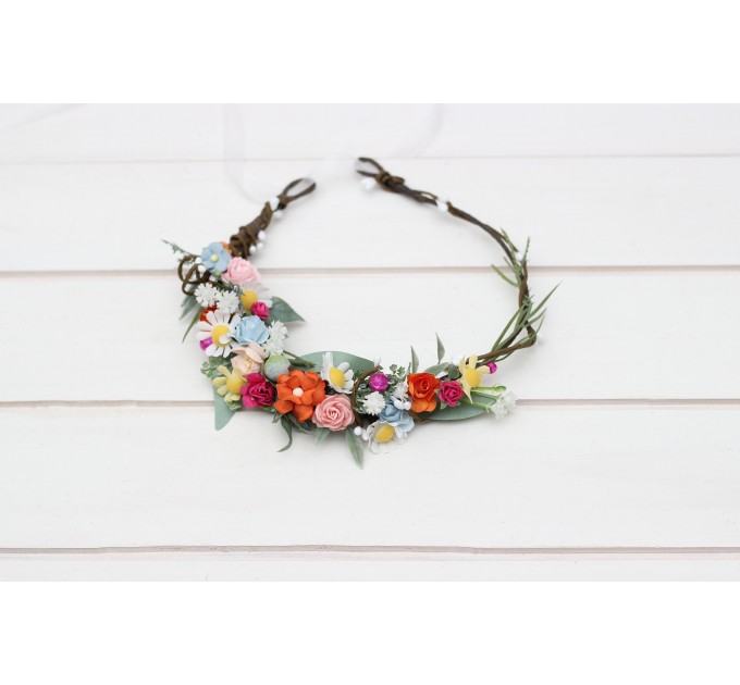 Colorful flower crown. Daisy hair wreath. Wildflower flower girl crown. Wedding flowers. 5306