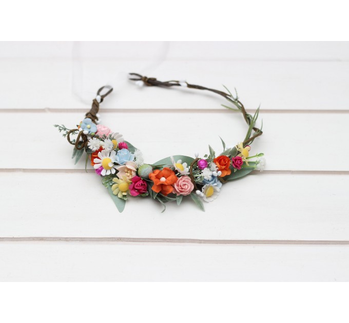 Colorful flower crown. Daisy hair wreath. Wildflower flower girl crown. Wedding flowers. 5306
