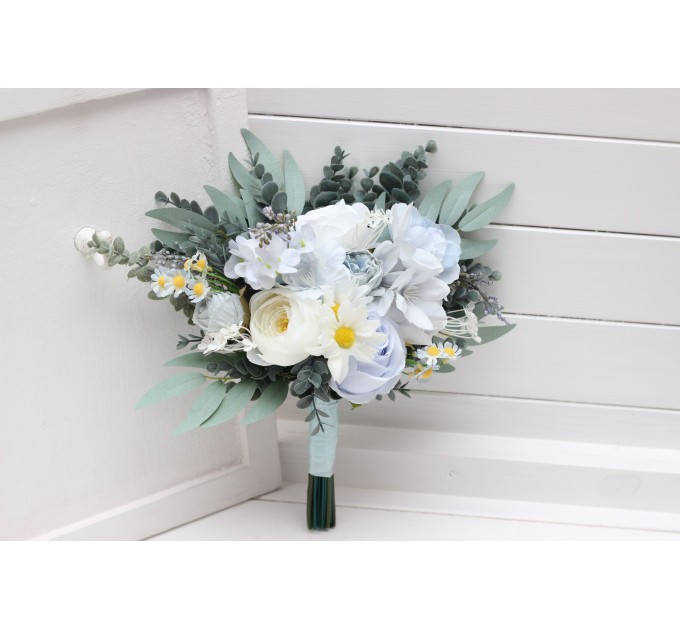 Wedding Bouquets in White & Sky Blue | Wildflower Cascading Faux Bridal & Bridesmaid Bouquets