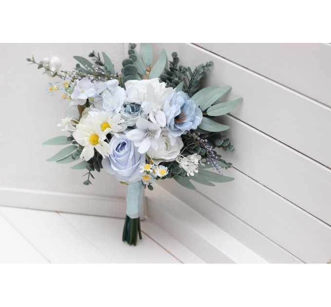 Wedding Bouquets in White & Sky Blue | Wildflower Cascading Faux Bridal & Bridesmaid Bouquets
