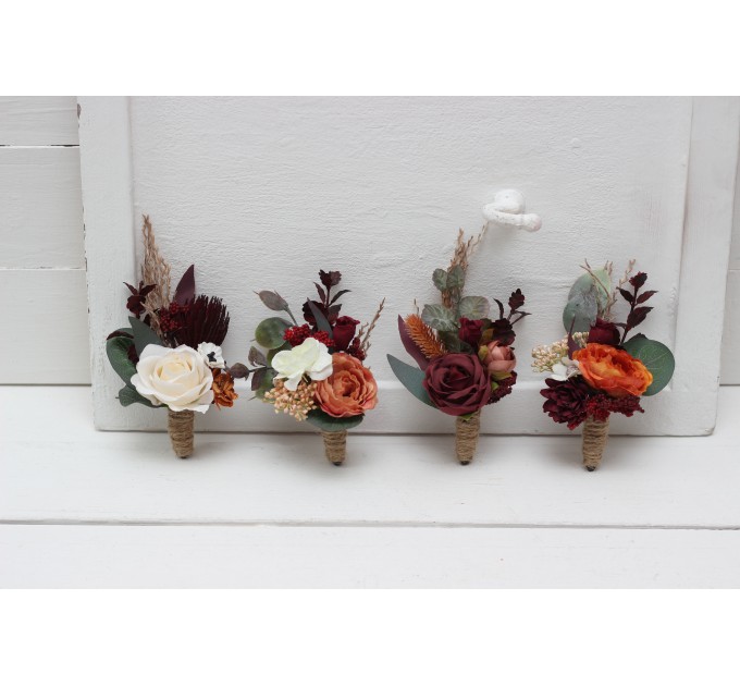 Wedding boutonnieres in burgundy rust ivory cinnamon color theme. Flower accessories. 0039 EU UK
