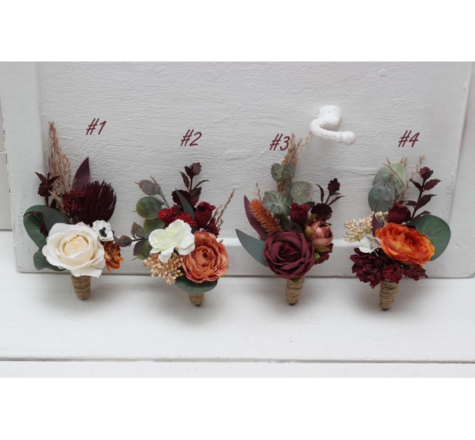 Wedding boutonnieres in burgundy rust ivory cinnamon color theme. Flower accessories. 0039 EU UK