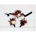 Wedding boutonnieres and wrist corsage in burgundy brown cream color theme. Flower accessories. 0041 EU UK