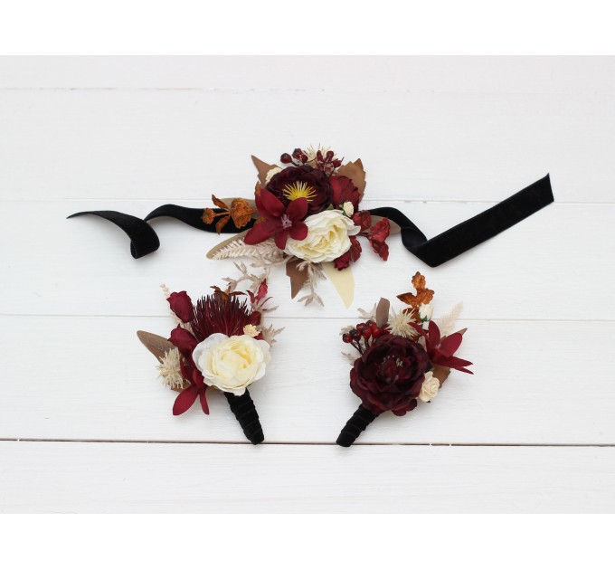 Wedding boutonnieres and wrist corsage in burgundy brown cream color theme. Flower accessories. 0041 EU UK