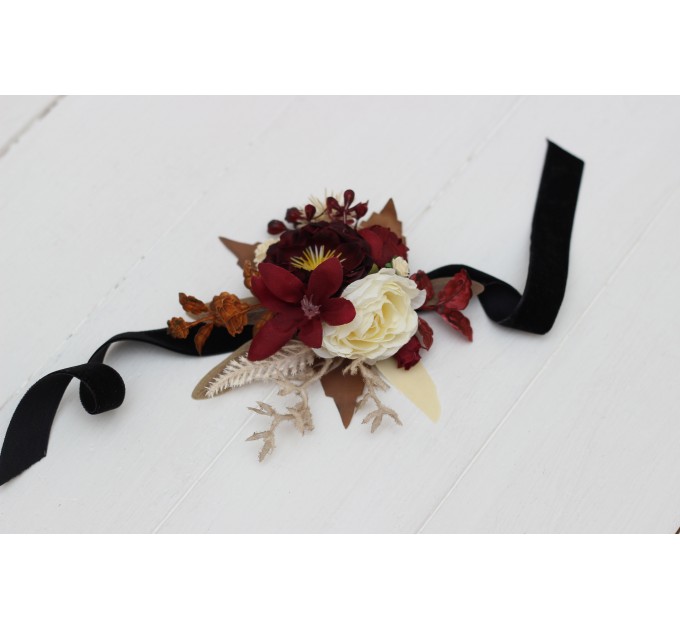 Wedding boutonnieres and wrist corsage in burgundy brown cream color theme. Flower accessories. 0041 EU UK