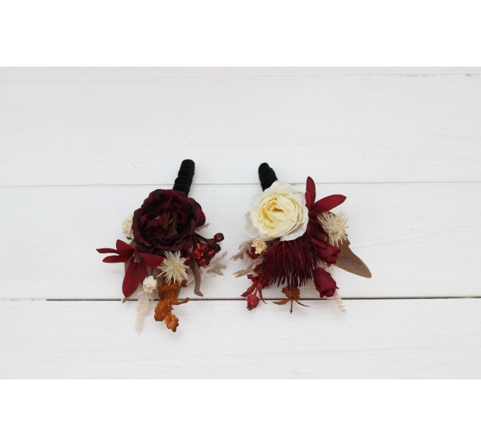 Wedding boutonnieres and wrist corsage in burgundy brown cream color theme. Flower accessories. 0041 EU UK