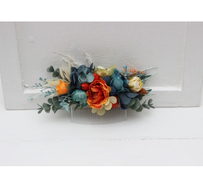Flower comb in teal rust ivory color scheme. Wedding accessories for hair. Bridal flower comb. Bridesmaid floral comb. 0034 EU UK