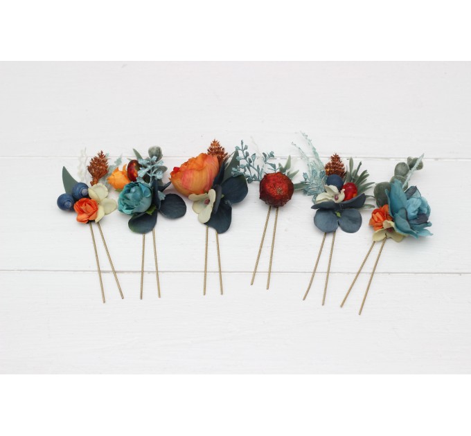 Set of 8 hair pins in teal rust blue orange color scheme. Hair accessories. Flower accessories for wedding. 0034 EU UK