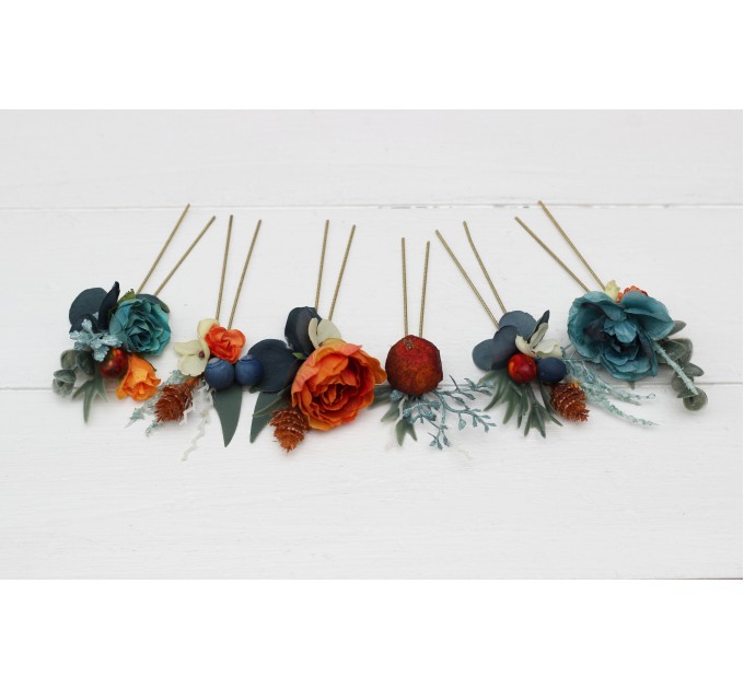Set of 8 hair pins in teal rust blue orange color scheme. Hair accessories. Flower accessories for wedding. 0034 EU UK
