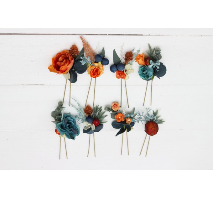 Set of 8 hair pins in teal rust blue orange color scheme. Hair accessories. Flower accessories for wedding. 0034 EU UK
