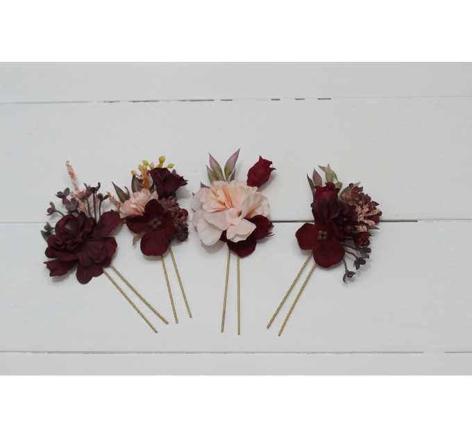Set of 4 hair pins in purple burgundy beige black color scheme. Hair accessories. Flower accessories for wedding. 0072 EU UK