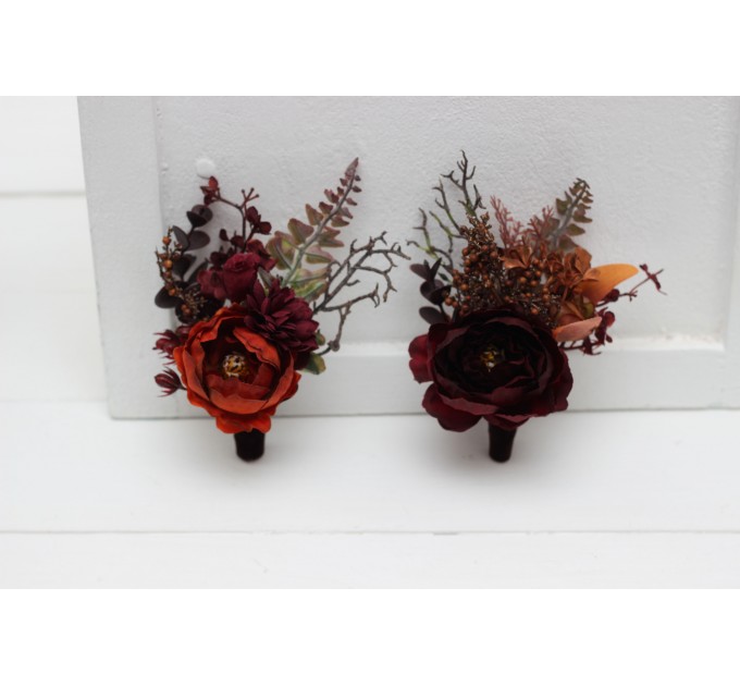 Wedding boutonnieres in rust burgundy cinnamon color theme. Flower accessories.0022 EU UK
