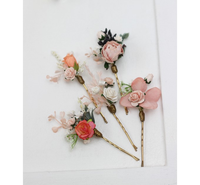 Set of hair pins in blush pink white peach color scheme. Hair accessories. Flower accessories for wedding. 0021 EU UK