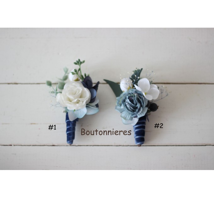 Wedding boutonnieres in dusty blue navy blue white color scheme. Flower accessories. VERA EU UK