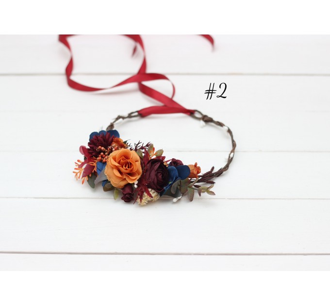 Rust orange burgundy blue flower crown. Hair wreath. Flower girl crown. Wedding flowers. 0043 EU UK